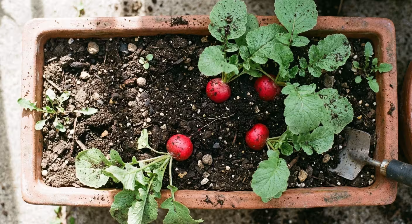 Red radishes growing in dark soil within a terracotta planter.