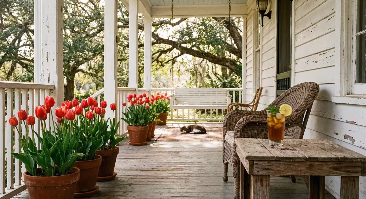 Red tulips blooming in terracotta pots on a sunny southern porch with warm morning light.