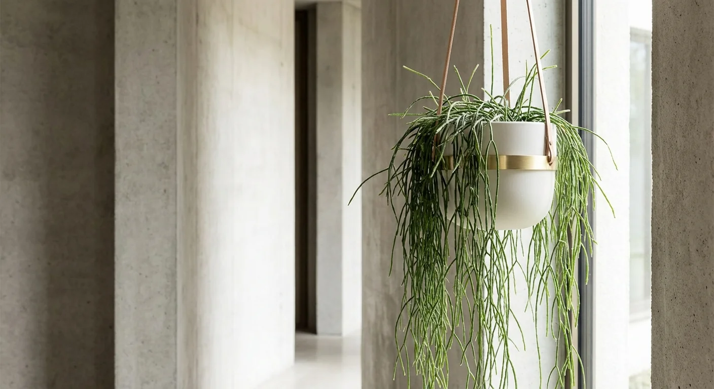 Rhipsalis chain cactus in a minimalist black hanging planter.