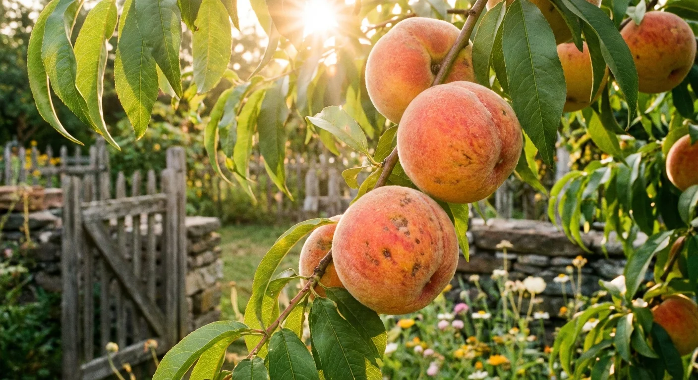 Ripe peaches hanging from a tree branch in soft morning sunlight.