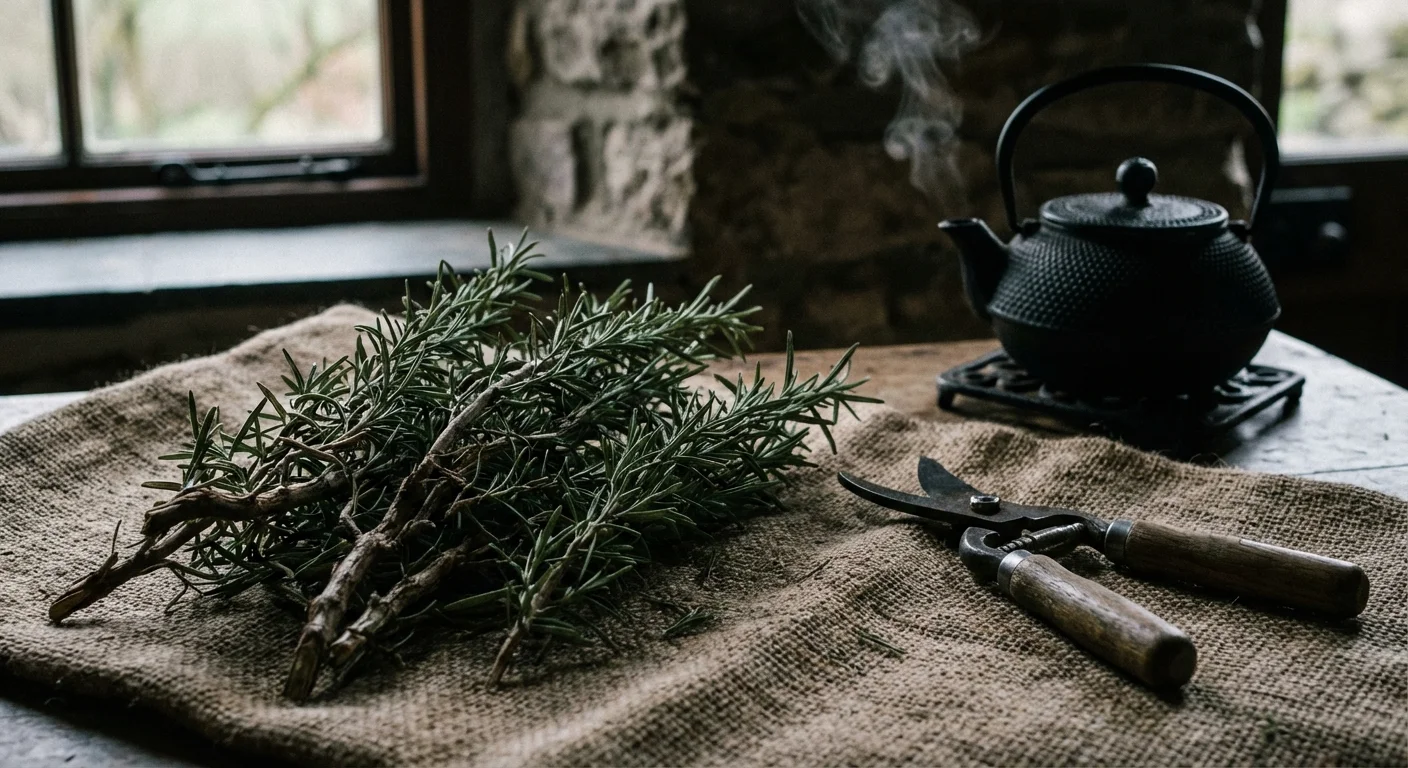 Rosemary sprigs and garden shears on a burlap cloth near a teapot.