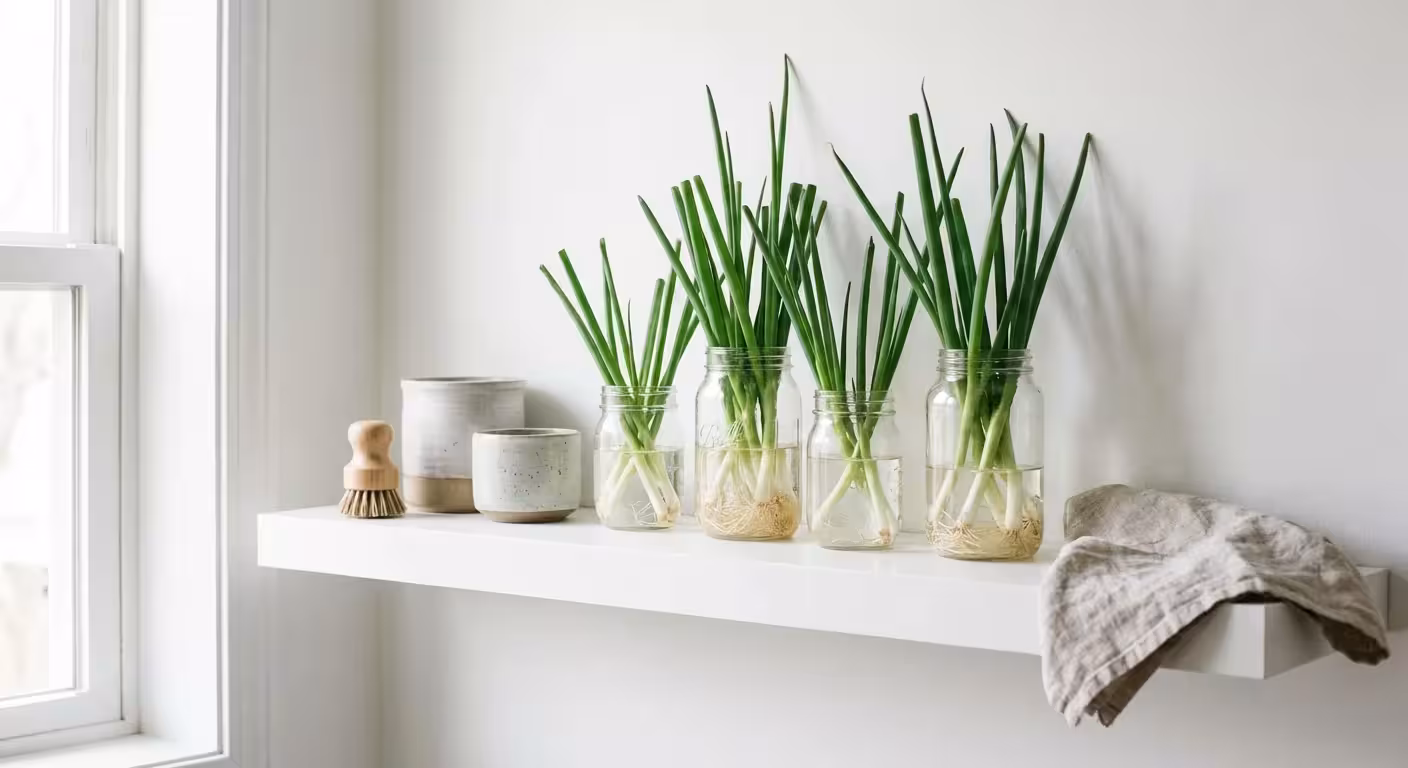 Scallions regrowing in glass jars of water on a kitchen shelf.