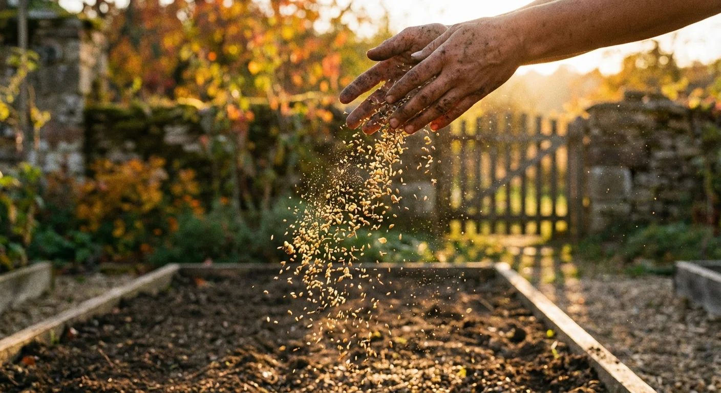 Seeds being scattered by hand over a garden bed in the sunlight.