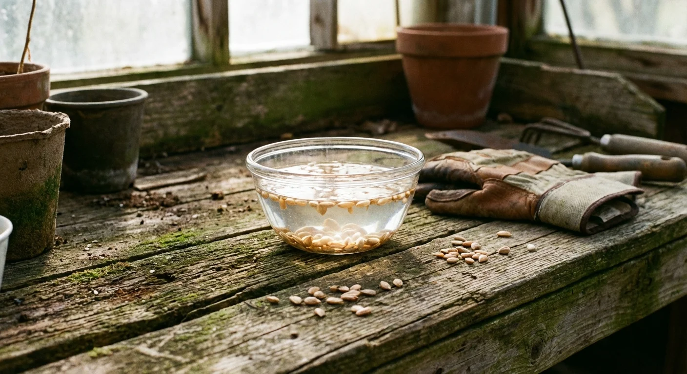 Seeds soaking in a small glass bowl on a wooden garden potting bench.