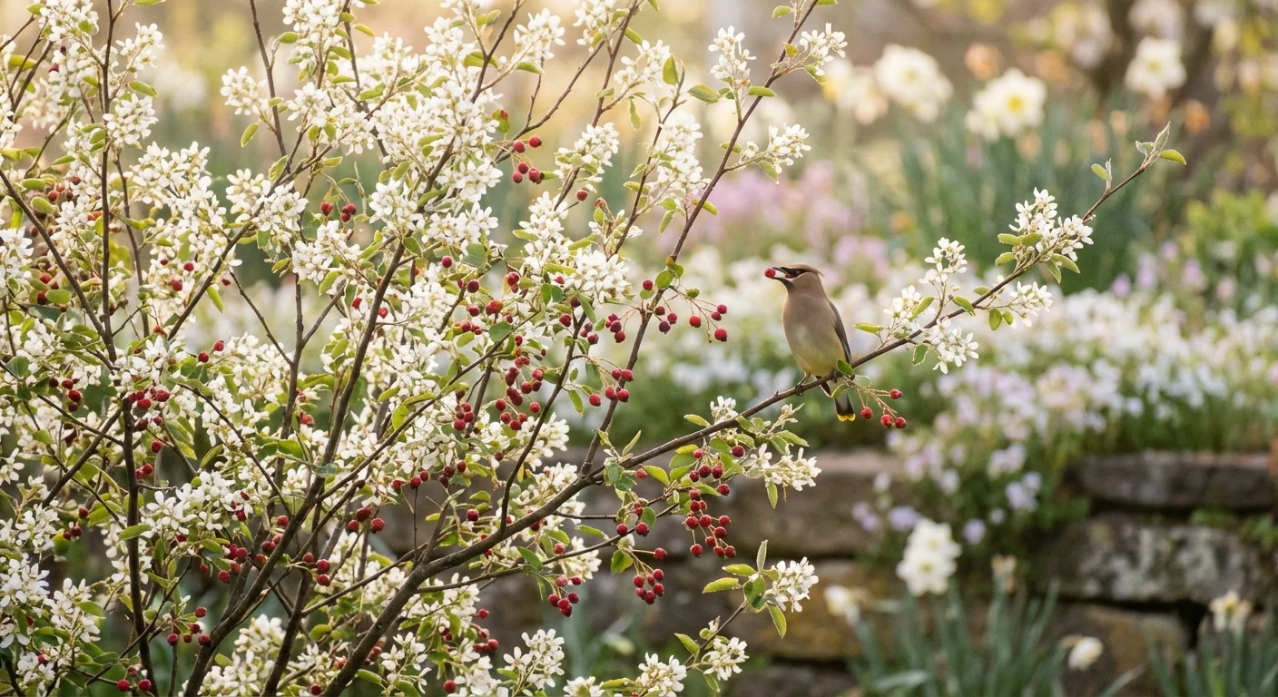 Serviceberry shrub with white flowers and red berries attracting a bird.