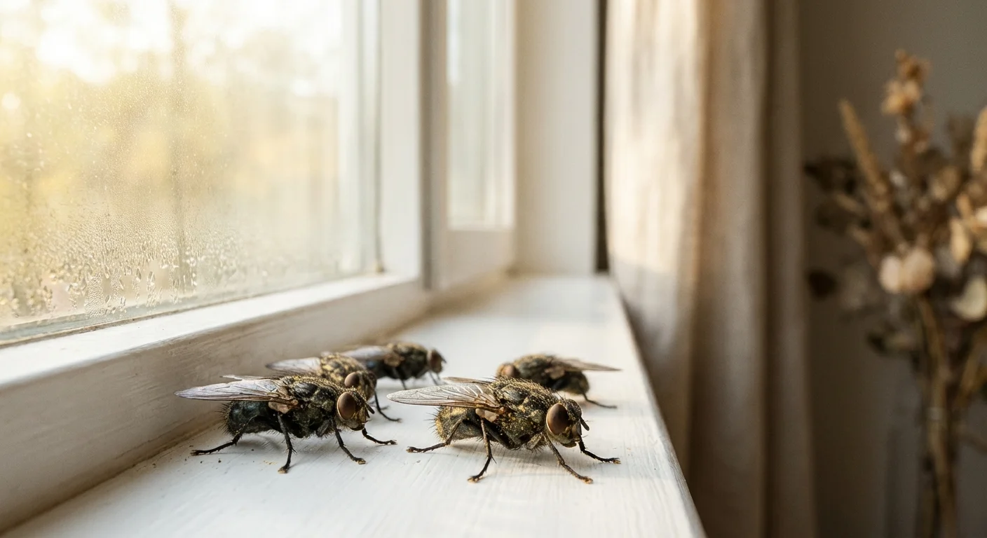 Several cluster flies resting on a bright, sunlit white windowsill.