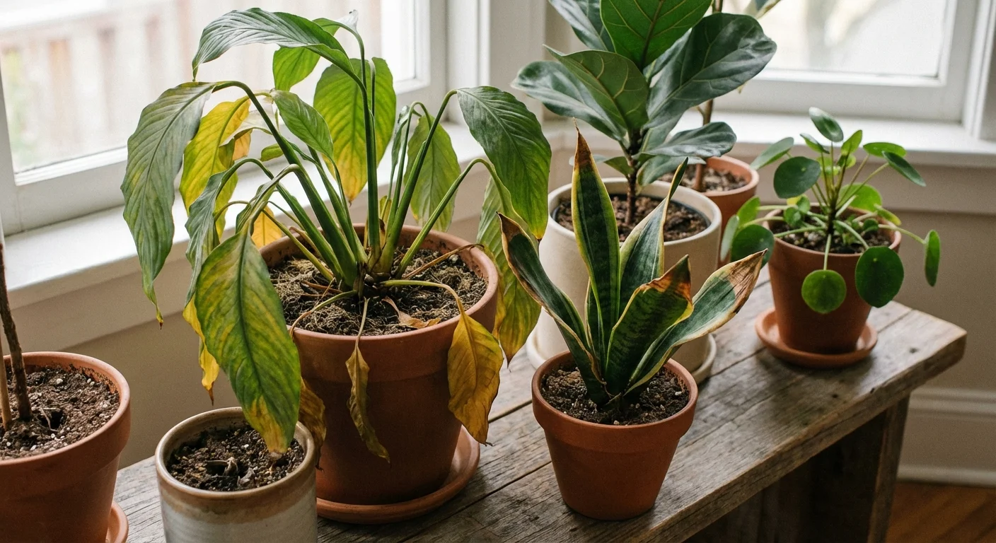 Several indoor plants on a bench showing signs of wilting and brown leaf tips.
