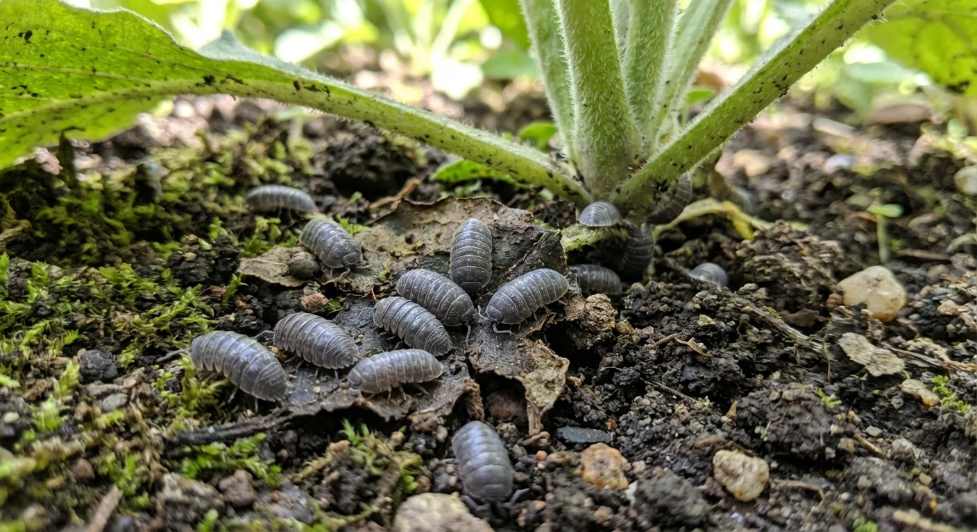 Several pillbugs gathered on damp garden soil near a plant stem.