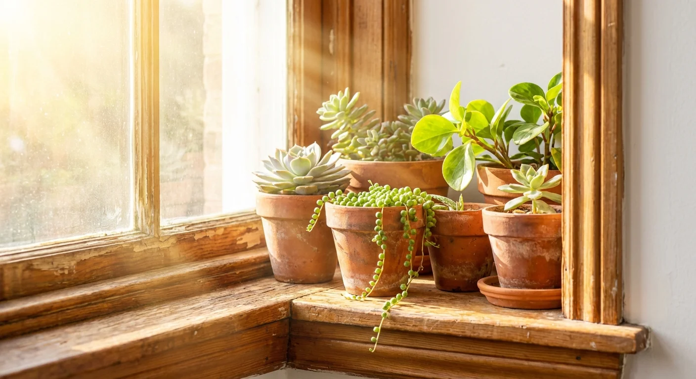 Several potted plants basking in intense, direct sunlight on a clean white window sill.