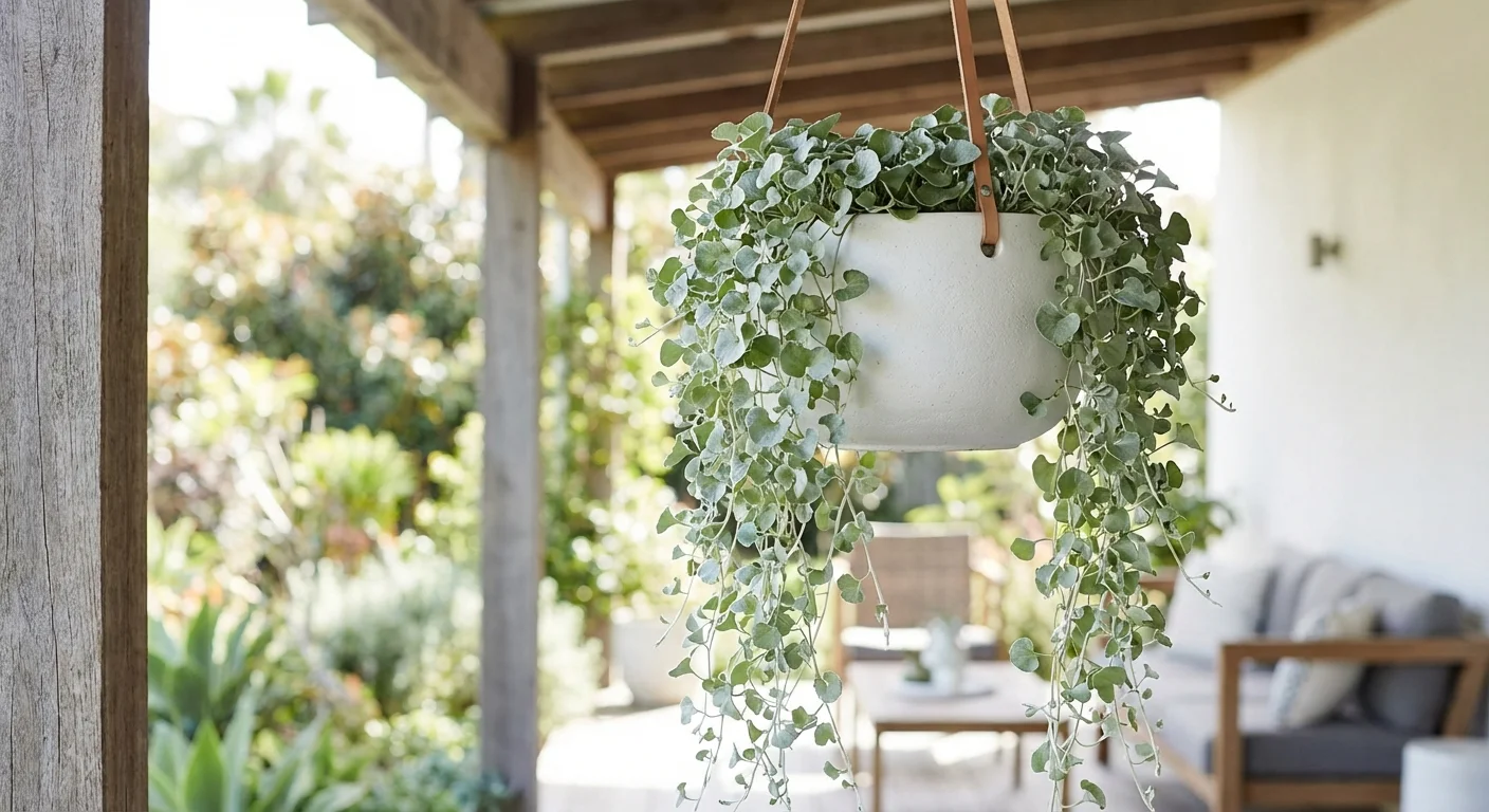 Silvery Dichondra plants trailing from a white ceramic hanging pot.