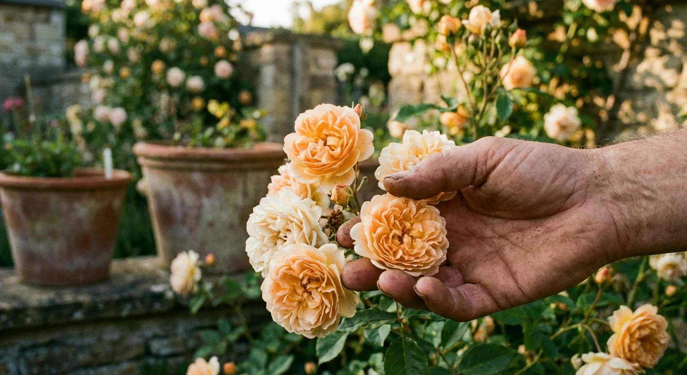 Small apricot-hued Perle d’Or roses with ruffled petals in a garden.