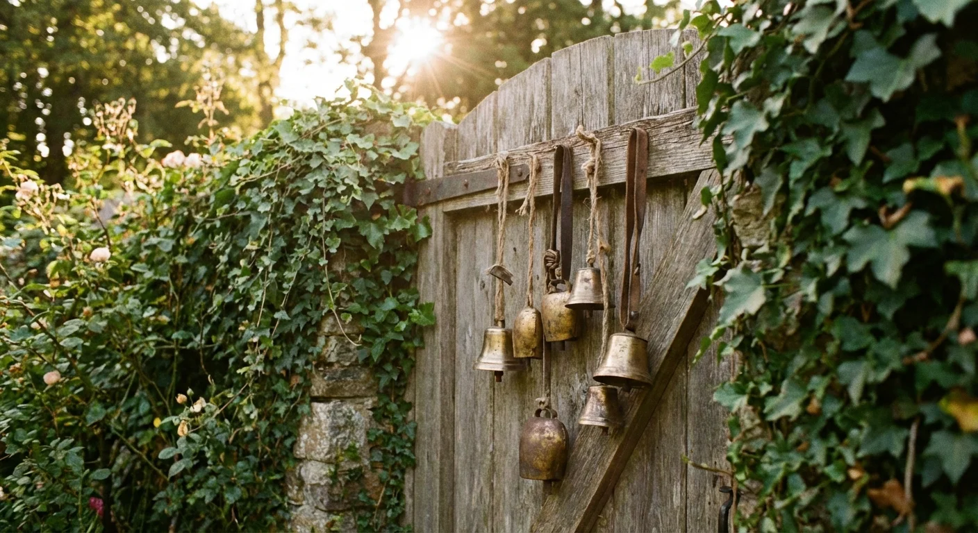 Small brass bells hanging on a wooden gate in a lush garden.