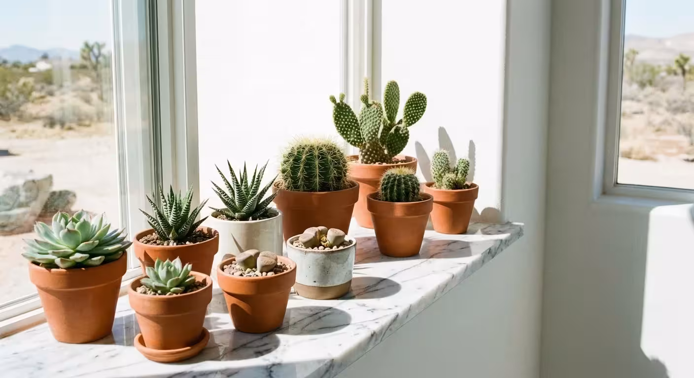 Small cacti and succulents basking in direct sunlight on a windowsill.