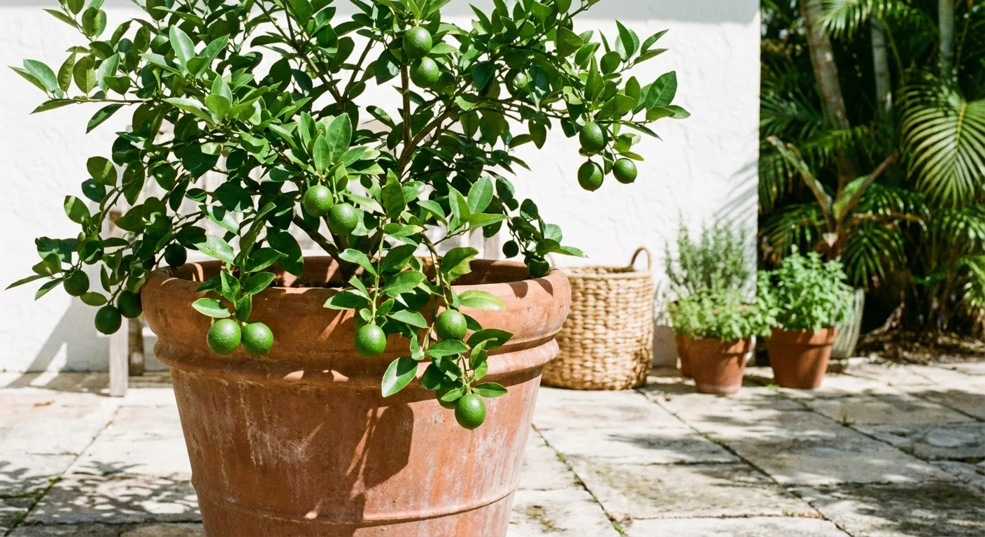Small green Key limes growing on a tree in a terracotta pot on a sunlit patio.