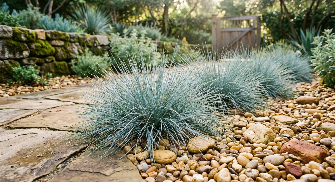 Small, round clumps of powder-blue fescue grass edging a garden path.