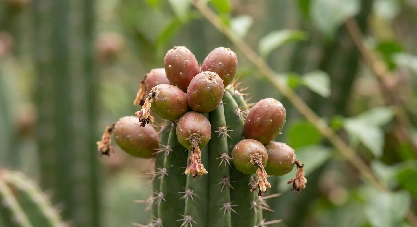 Small seed fruits growing on the side of a cactus.