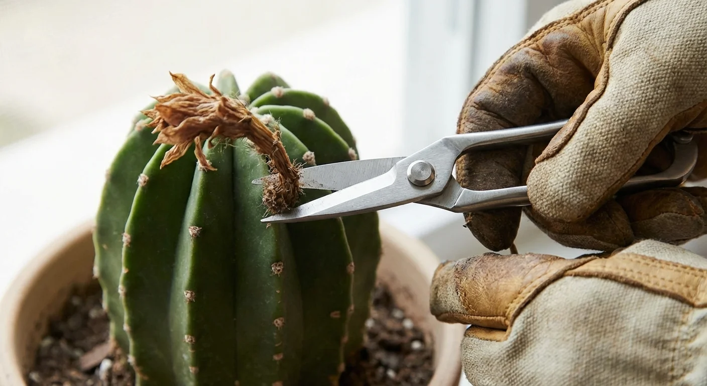 Small shears pruning a dead flower from a cactus.
