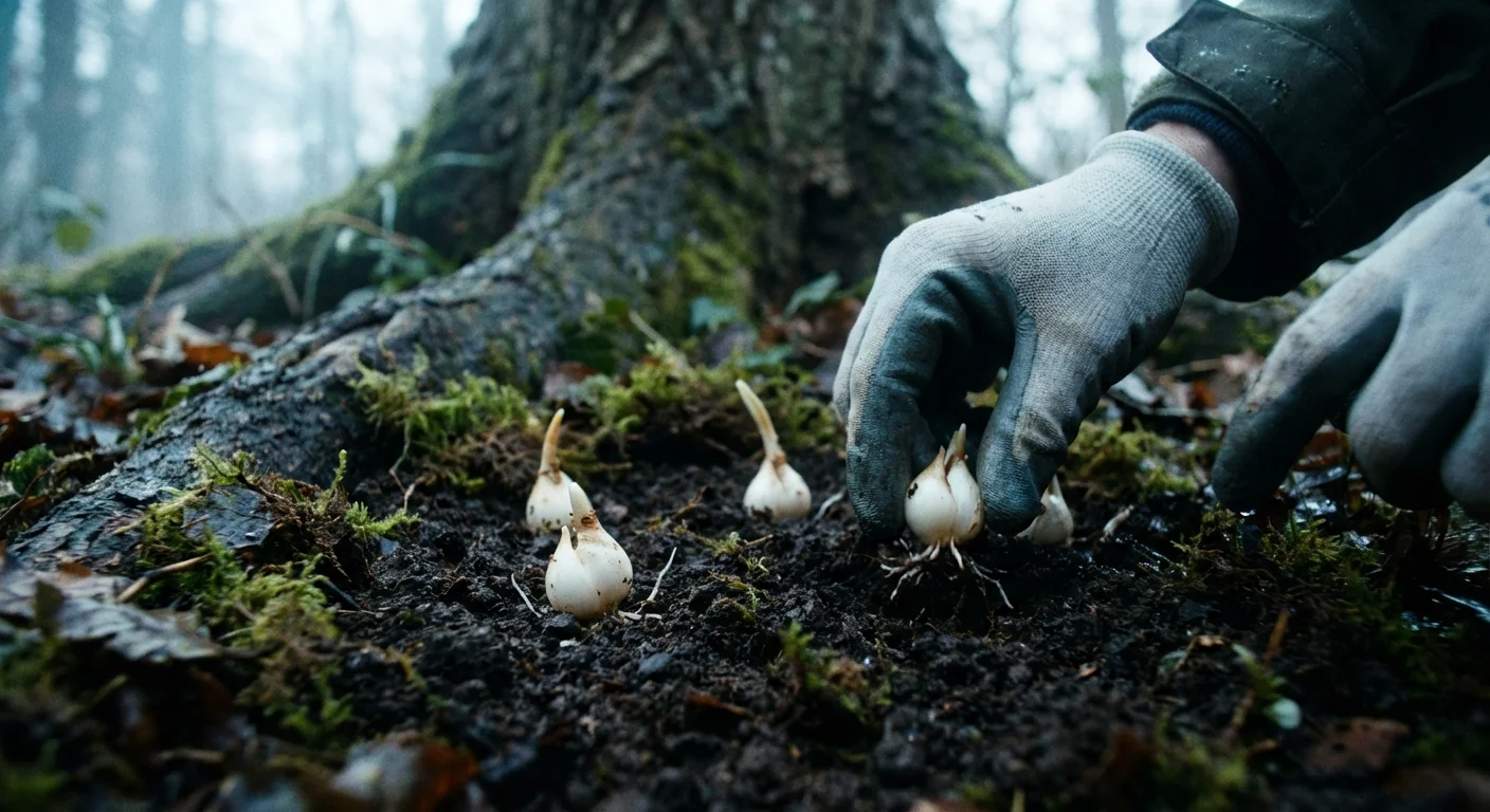 Small snowdrop bulbs being planted in moist, shaded garden soil.
