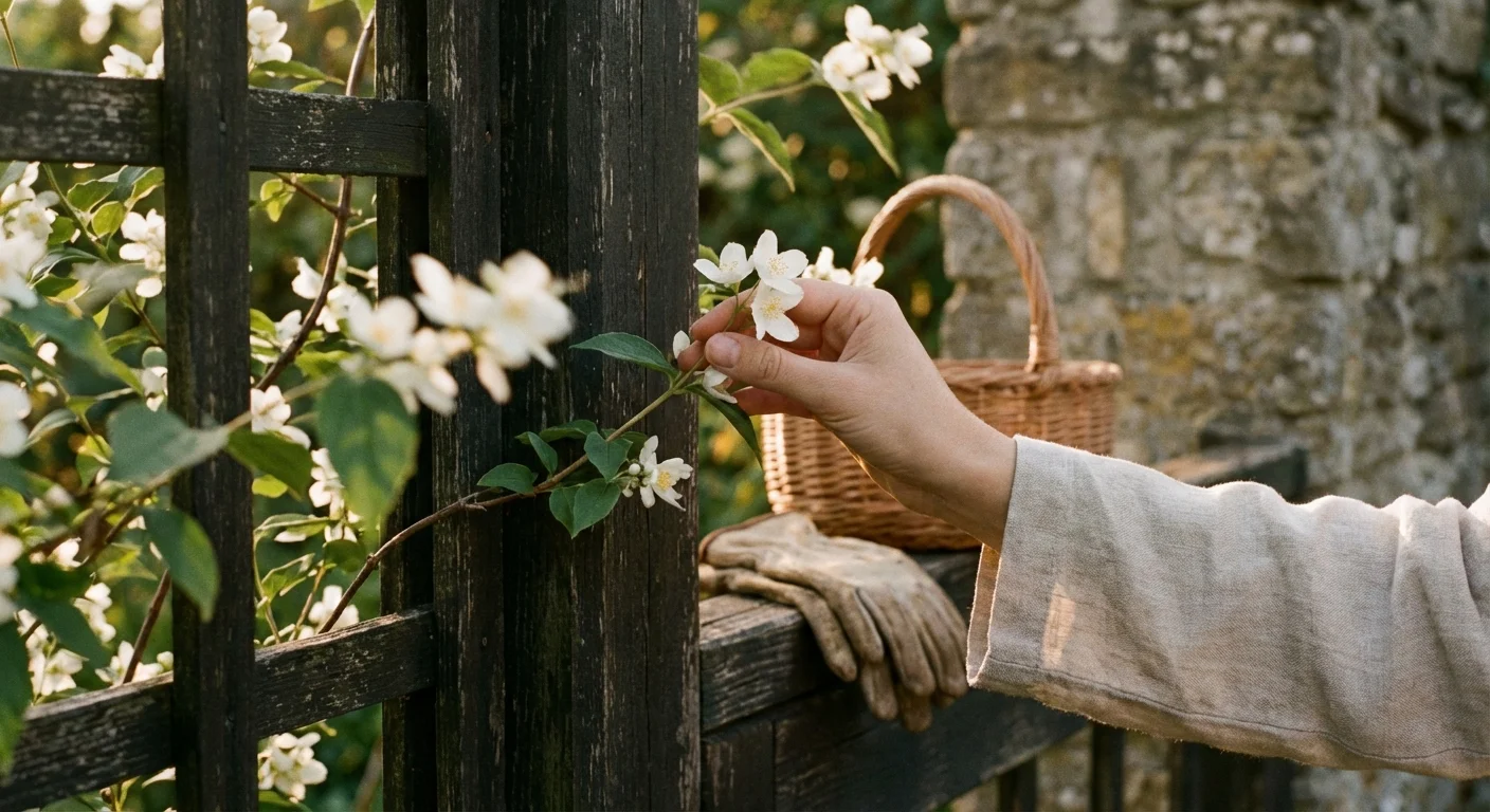 Small white jasmine flowers climbing a wooden trellis in soft sunlight.