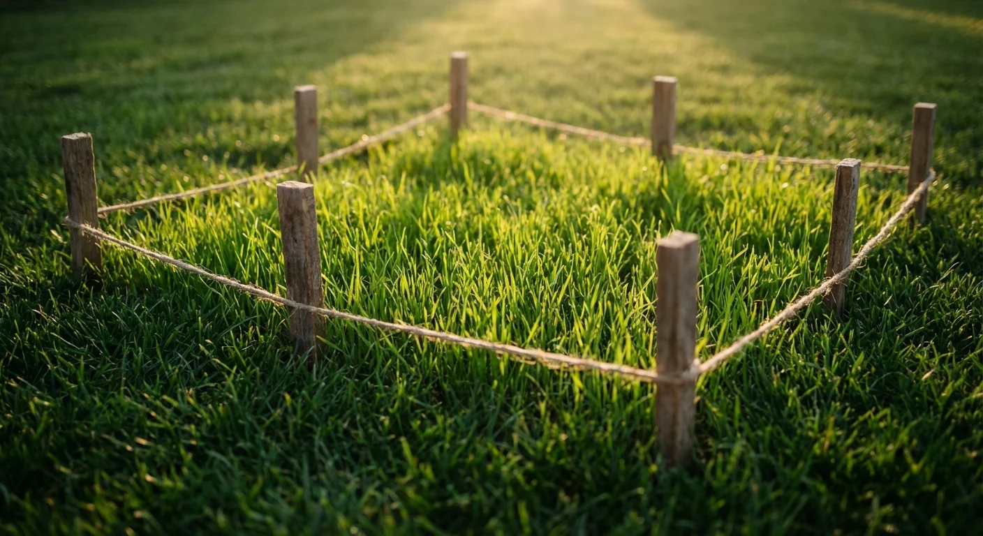 Small wooden stakes and twine protecting a patch of newly sown grass.