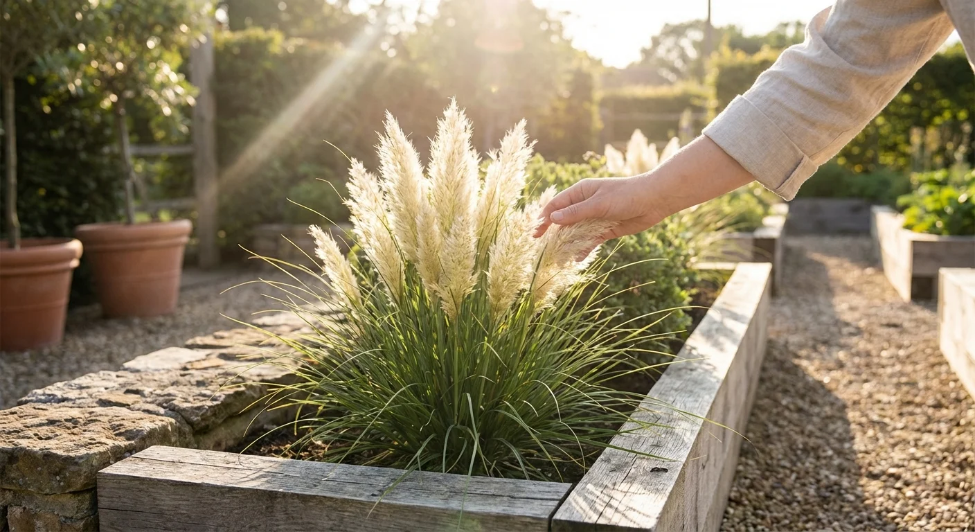 Soft, creamy white plumes of Dwarf Pampas Grass in a home garden.