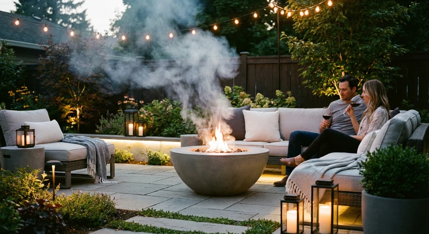 Soft smoke rising from a modern backyard fire pit at dusk.