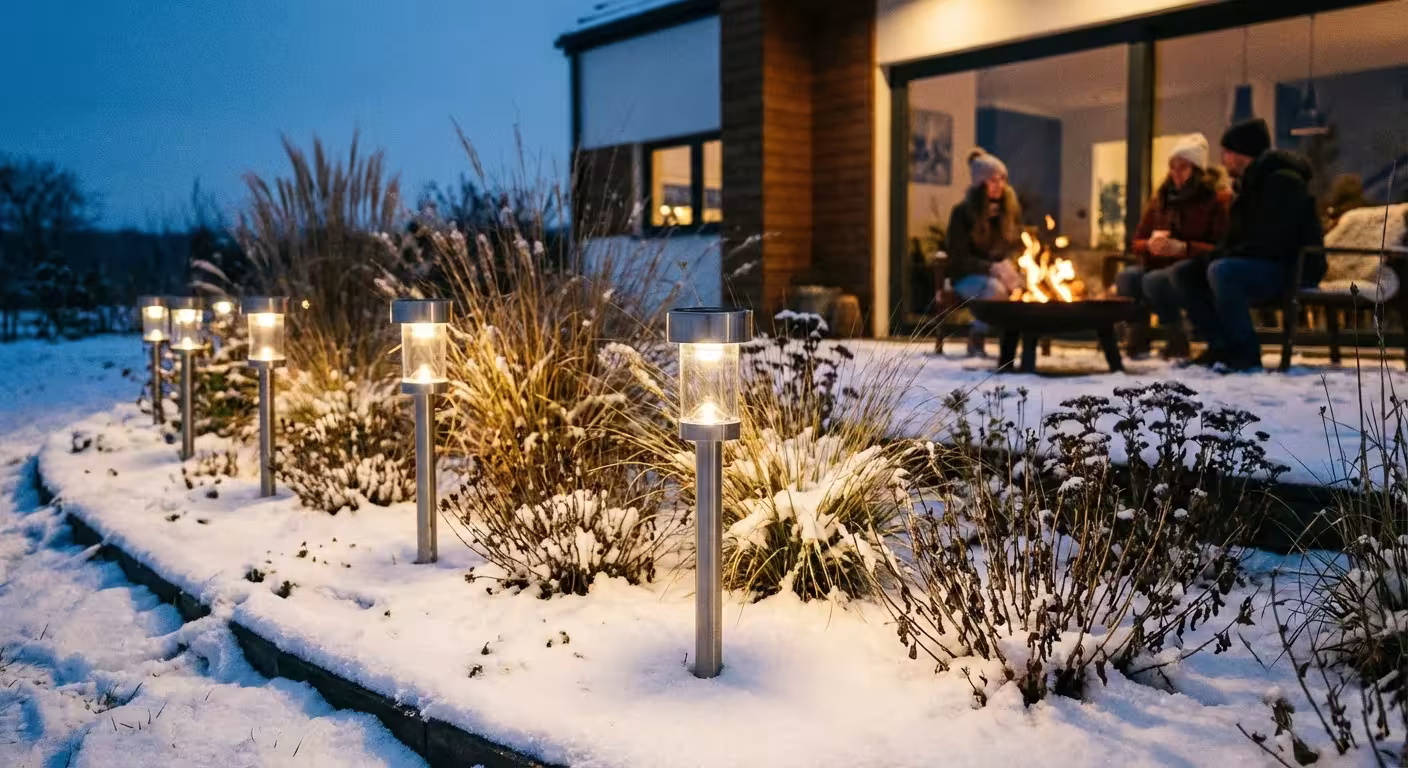 Solar-powered stake lights glowing in a snowy garden bed at night.