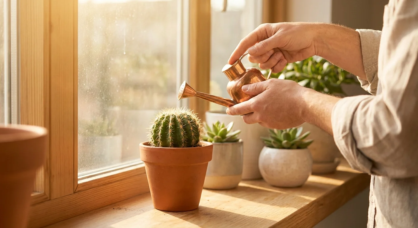 Someone carefully tending to an indoor cactus with a small watering can.