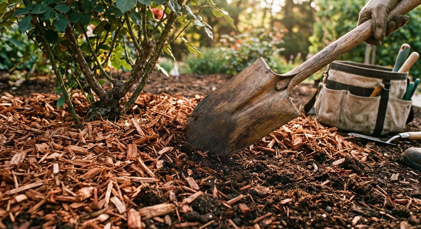 Spreading organic wood mulch around the base of a garden plant.
