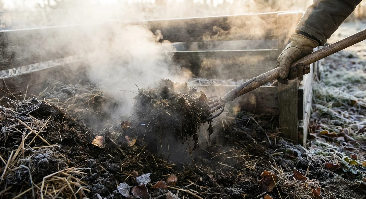 Steam rising from a compost bin in the cold air, showing active decomposition.