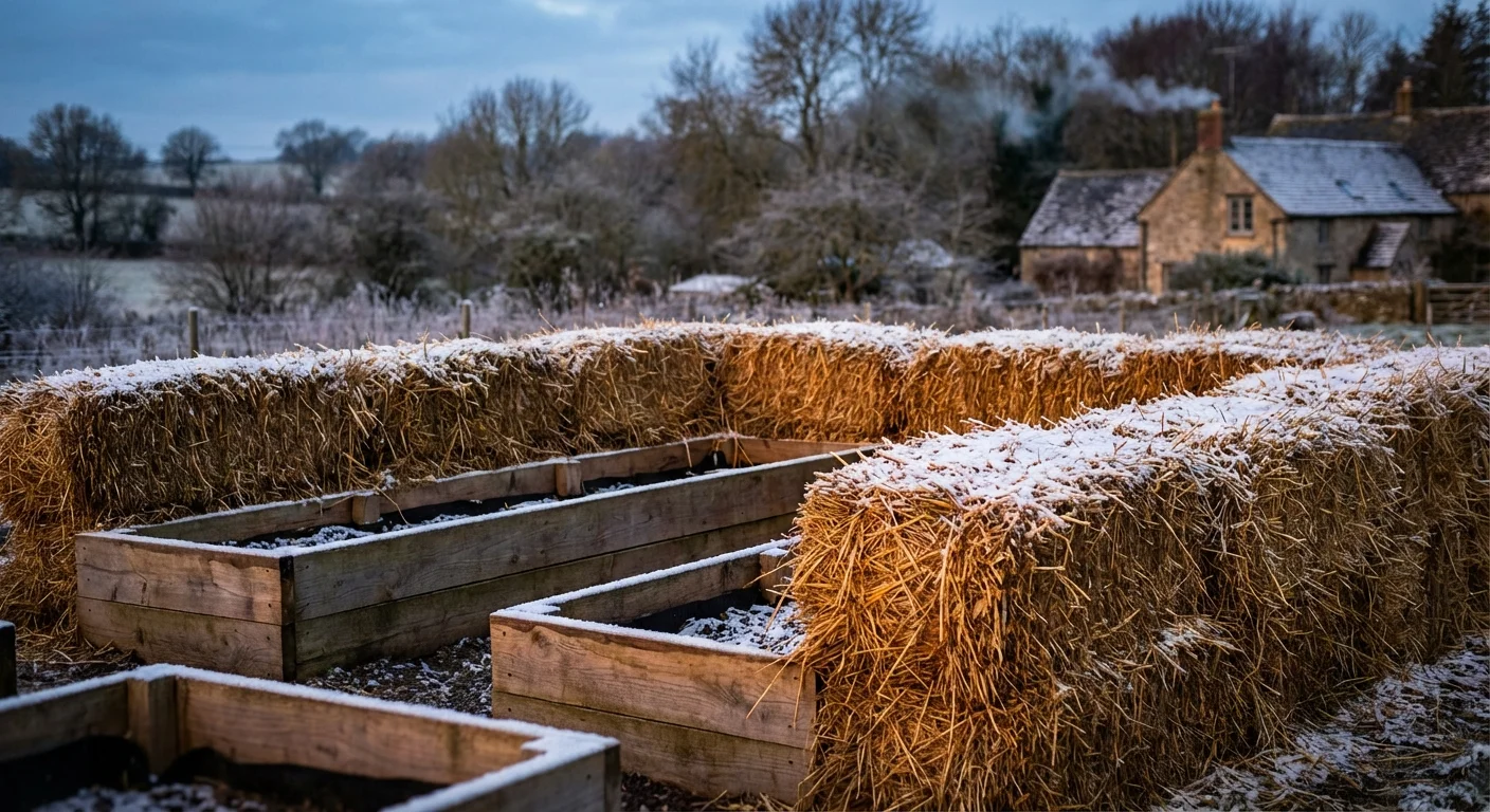 Straw bales stacked around a garden bed to provide natural thermal insulation.