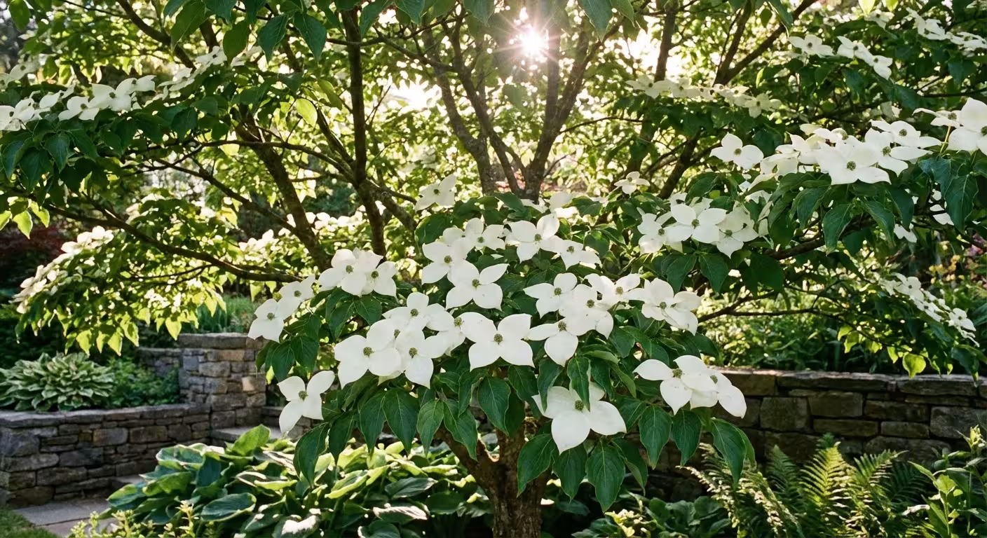 Striking white Dogwood blossoms on a leafy shrub in summer.