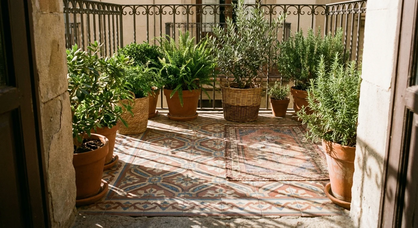 Stylish patterned floor tiles on a balcony surrounded by lush green potted plants.