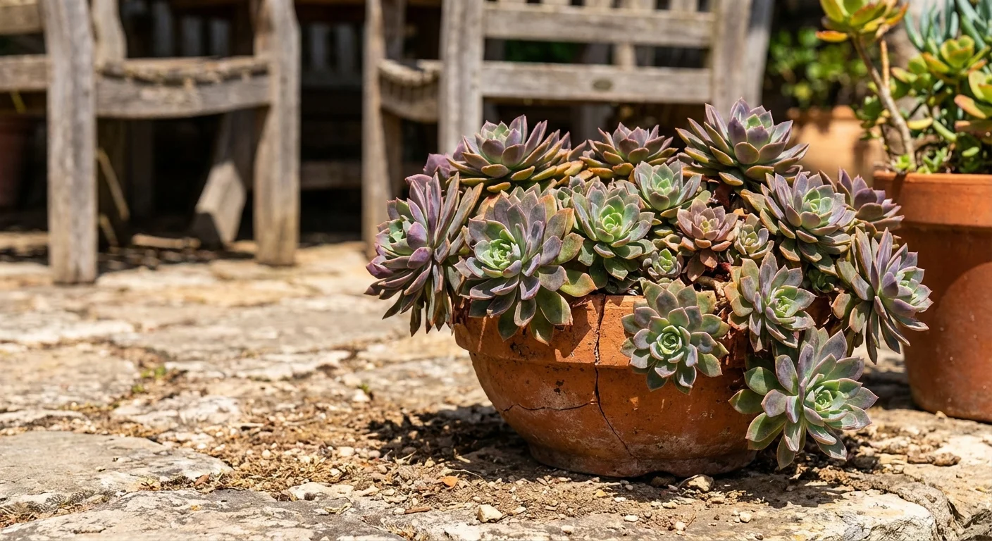 Succulent sedum plants growing in a terracotta pot on a sunny patio.