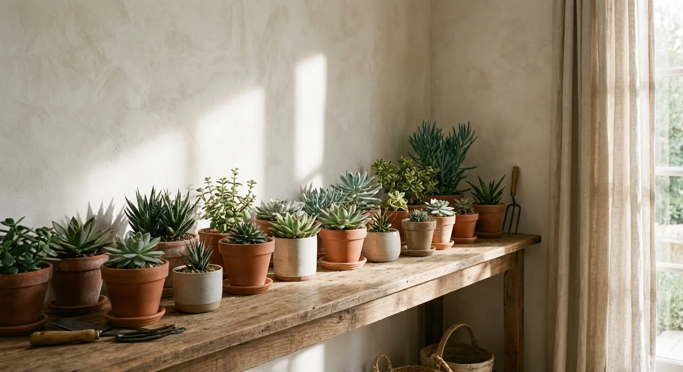 Succulents lined up on a shelf in soft morning sunlight.