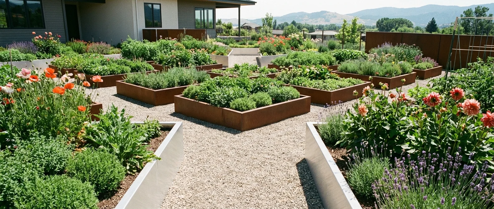 Symmetrical metal raised garden beds arranged neatly with clean gravel pathways.