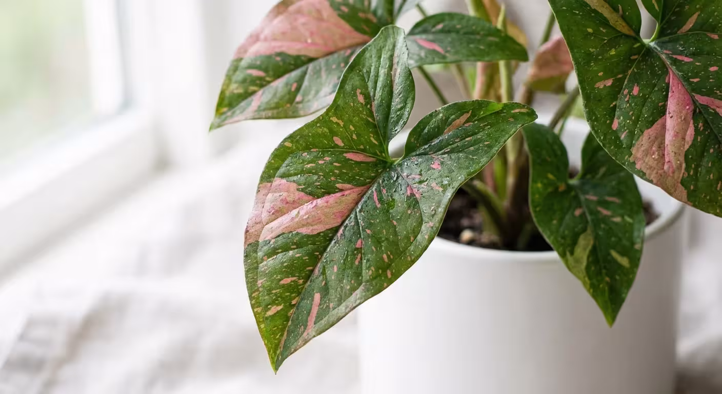 Syngonium Pink Splash leaves with beautiful bright pink speckled patterns.