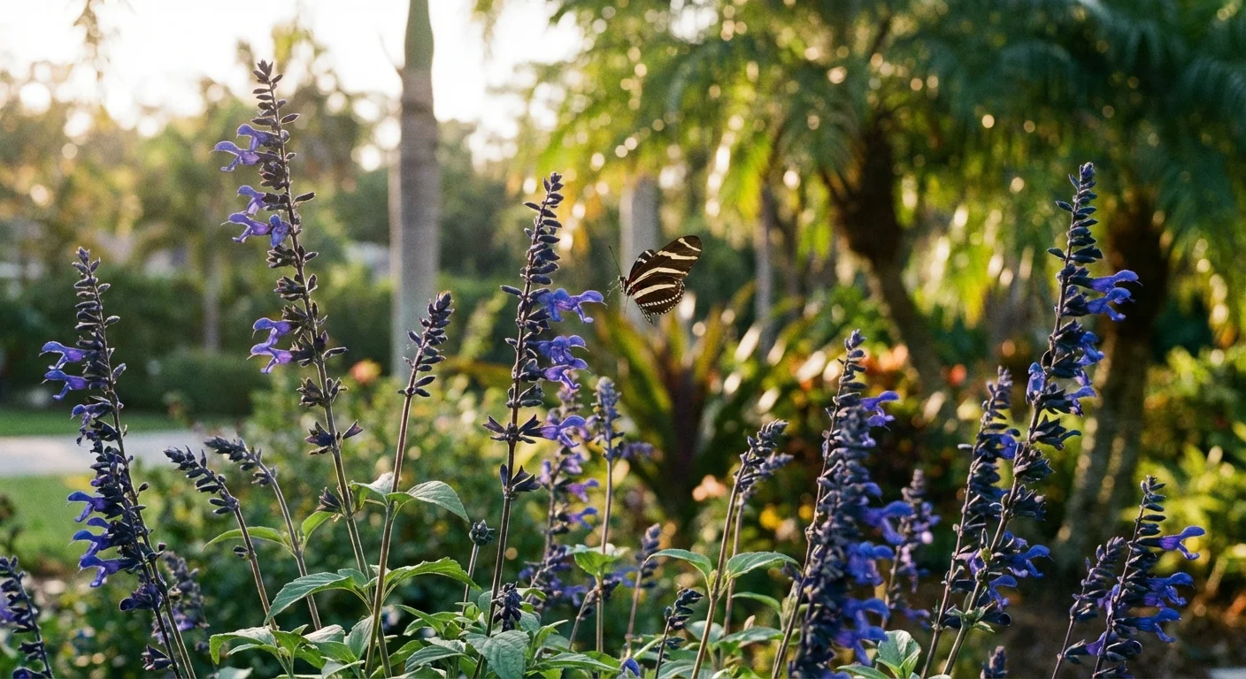 Tall blue Salvia flowers in a sunny garden with a butterfly nearby.