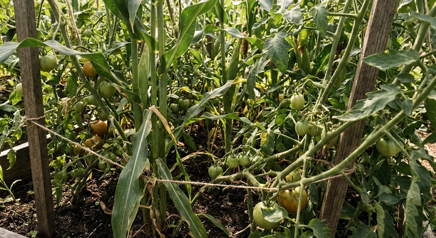 Tall corn stalks and tomato plants growing tightly together in a garden under bright sunlight.