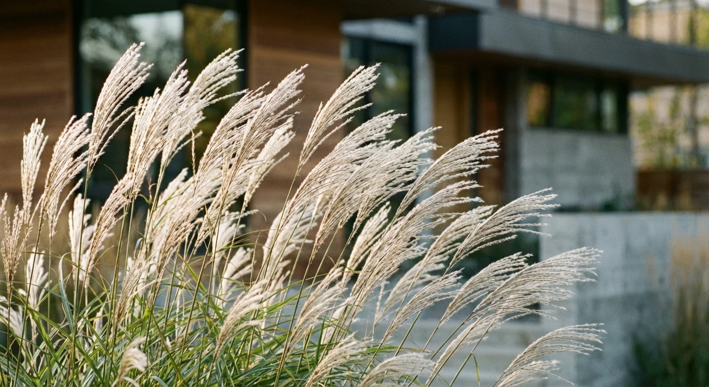 Tall, elegant Maiden Grass with silvery plumes in front of a modern home.