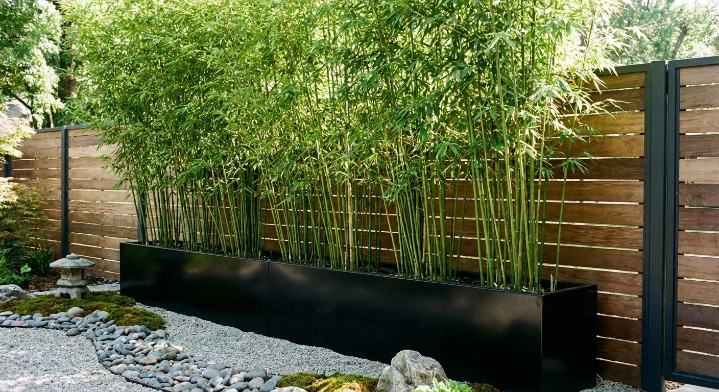 Tall green bamboo stalks in a black planter creating a dense, modern privacy screen.