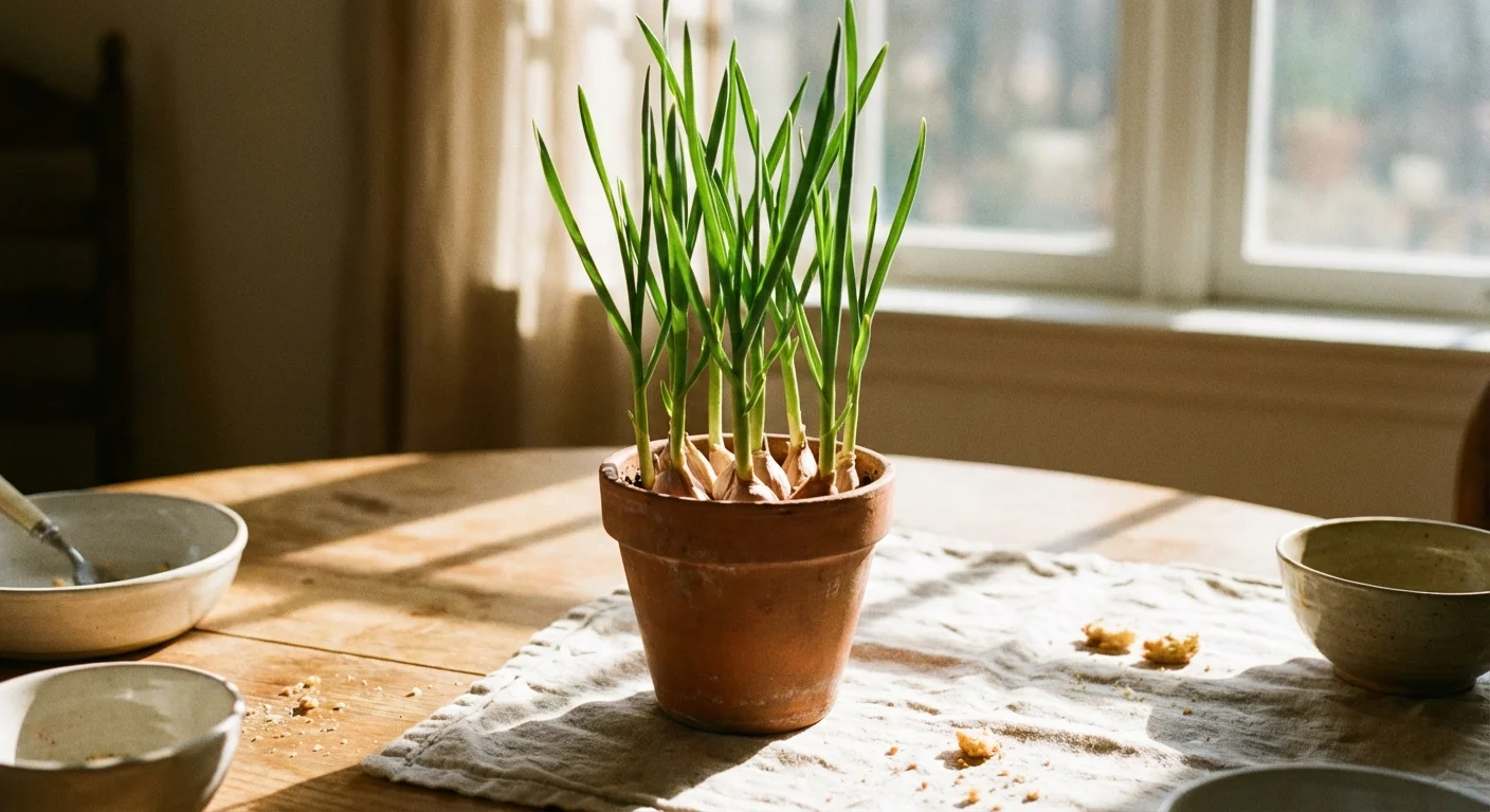 Tall green garlic shoots growing out of a rustic clay pot.