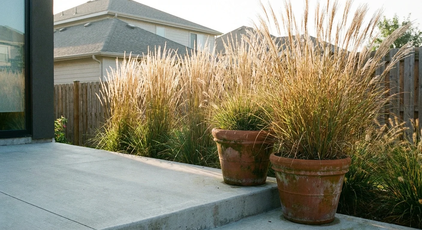 Tall ornamental grasses in terracotta pots acting as a natural privacy screen on a patio.
