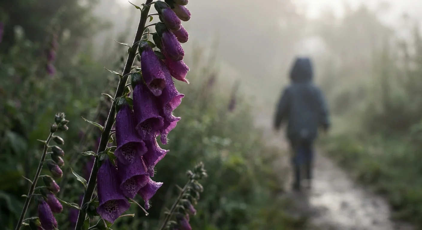 Tall purple Foxglove flowers in a misty garden with a soft blurred background.