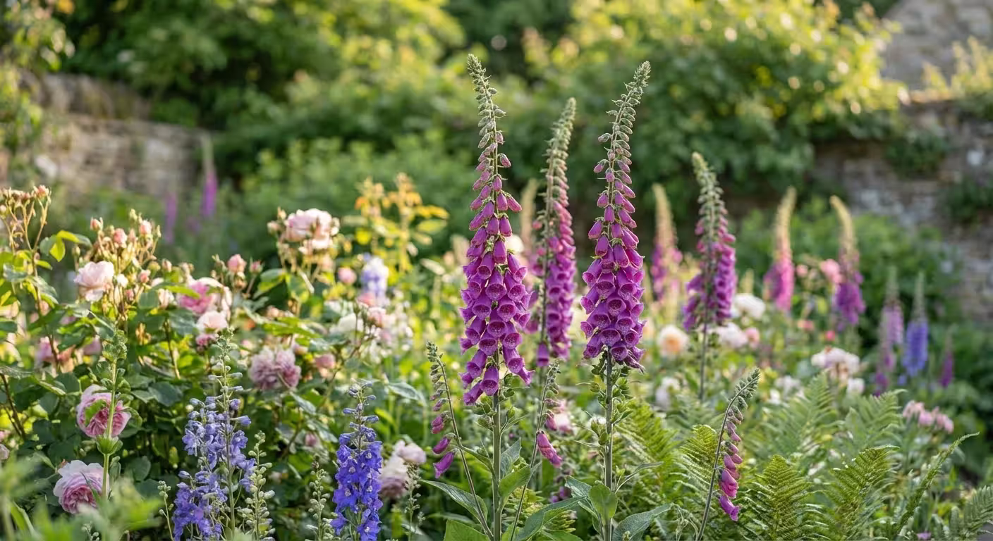 Tall purple Foxglove flowers with spotted interiors in a cottage garden.