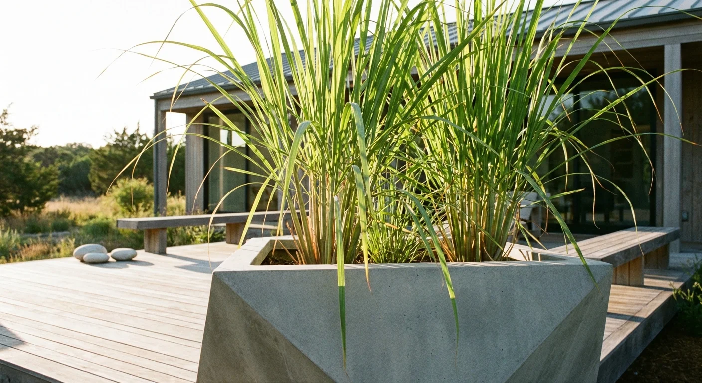 Tall stalks of lemongrass growing in a gray planter on a sunny patio.