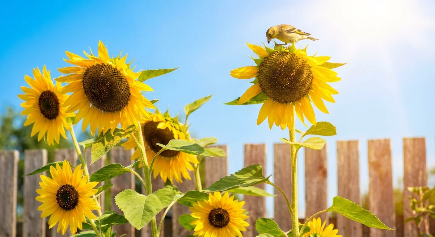 Tall sunflowers with a bird eating seeds from the flower head.
