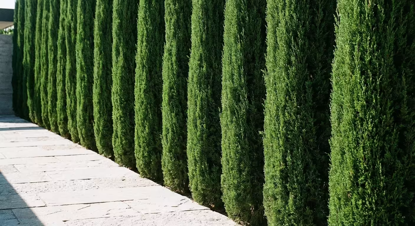 Tall, thin juniper trees planted closely together to form a narrow privacy screen along a walkway.