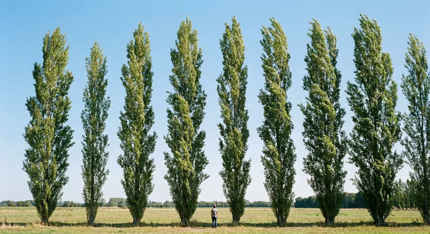 Tall, upright Hybrid Poplar trees reaching toward a blue sky in a garden.