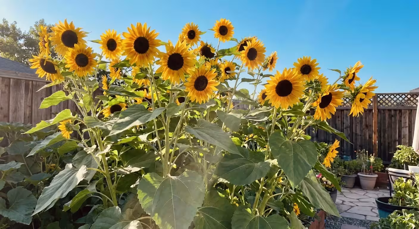 Tall yellow sunflowers reaching toward the sun in a home garden.